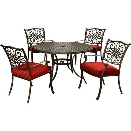 HIGHKEY 48 in. Traditions Dining Set with Cast-Top Table & Four Dining Chairs; Red - 5 Piece LR614279